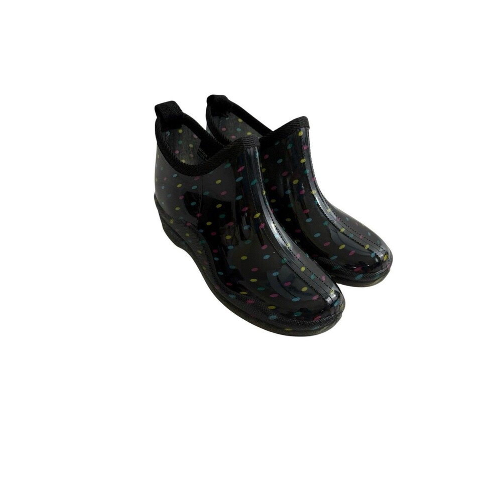 Capelli Womens Size 7 Rain Boots Ankle Black Polka Dotted Rain Drops Shoes